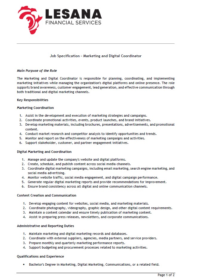 Marketing and digital Coordinator screenshot Lesana-Sales-Agents-Advert
