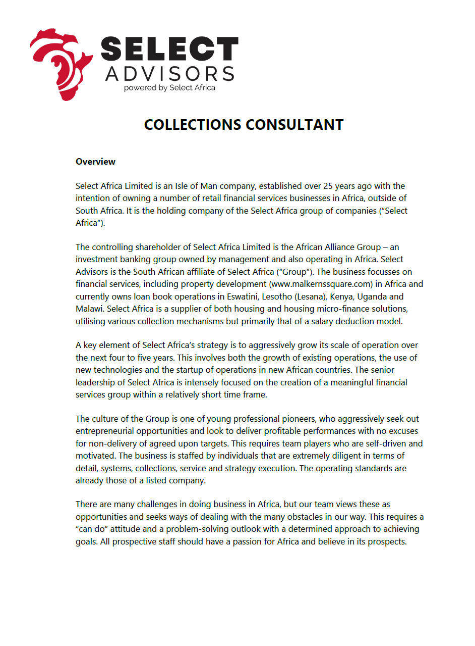 COLLECTIONS CONSULTANT Lesana-Sales-Agents-Advert